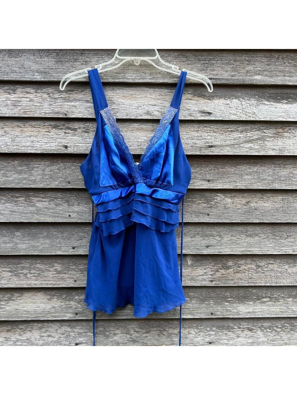 VTG Frederick's of Hollywood Blue Satin Ruffle Lace Babydoll Top